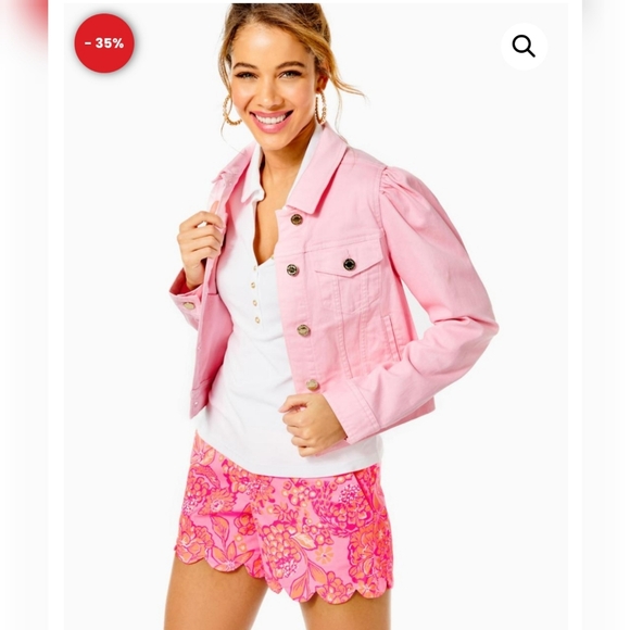 LILLY PULITZER Laylani Fitted Puff Sleeves Denim Jacket pink size small - Picture 6 of 16